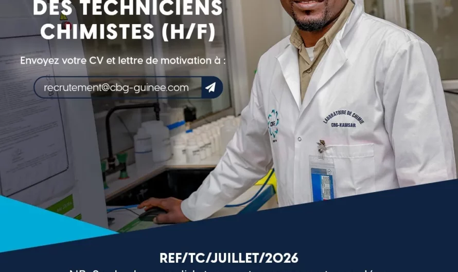 Guinée : la CBG recrute des Techniciens Chimistes (H/F)