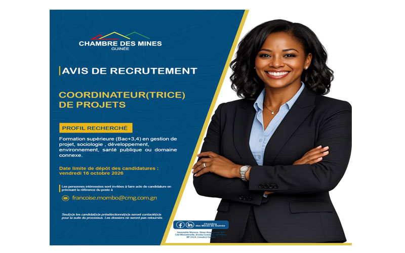 La Chambre des Mines de Guinée recrute un(e) Coordinateur(trice) de Projets